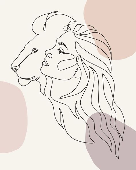 Letters Drawing Ideas, One Line Lion Tattoo For Women, Lion Woman Drawing, Lion And Woman Drawing, One Line Art Drawings Women, Lion Woman Art, Line Drawings Of Women, Leo Painting Ideas, Canvas Templates Painting