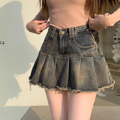 8.38US $ 50% OFF|Deeptown Vintage Denim Skirt Women Pleated Sexy Short Skirts Retro Korean Fashion Aesthetics Casual A line Streetwear Jean Skirt| |   - AliExpress Skirt Pic, Natural Dresses, Pleated Denim Skirt, Vintage Denim Skirt, Pleated Denim, Button Fashion, High Waisted Denim Skirt, Nature Dress, Casual Chique