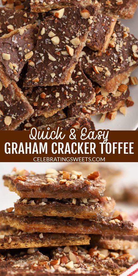 front view of graham cracker toffee broken into pieces and stacked. Sweet Potato Desserts, Graham Cracker Toffee Bars, Potato Dessert Recipes, Cracker Toffee Bars, Potato Desserts, Brown Sugar Toffee, Sweet Potato Dessert Recipes, Bake Sale Desserts, Graham Cracker Dessert