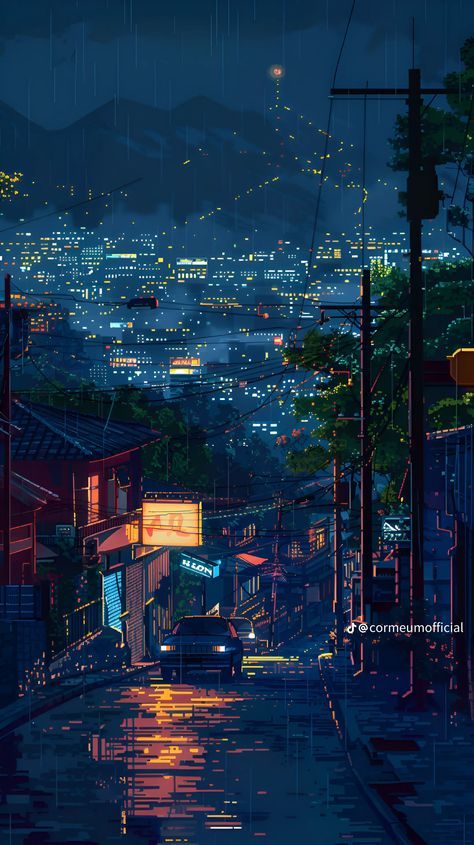 Pixel Art Wallpaper Iphone Hd, Anime Landscapes Aesthetic, Anime City At Night, Rainy Street Wallpaper, Rainy Night Wallpaper, Lofi Pixel Art, City At Night Wallpaper, Hd Ipad Wallpaper, Point Of View Art