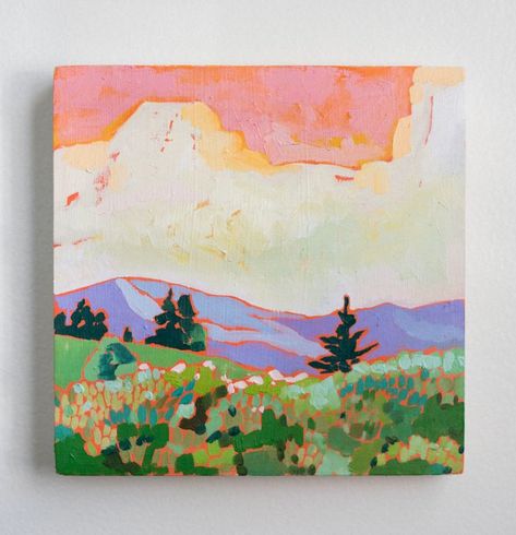 Simplified Landscape Painting, Bright Impressionist Painting, Pink Mountain Painting, Graphic Landscape Illustration, Mountain Painting Abstract, Landscape Pastel Drawing, Mountain Paintings Easy, Acrylic Gouache Paintings, Colorful Mountain Painting