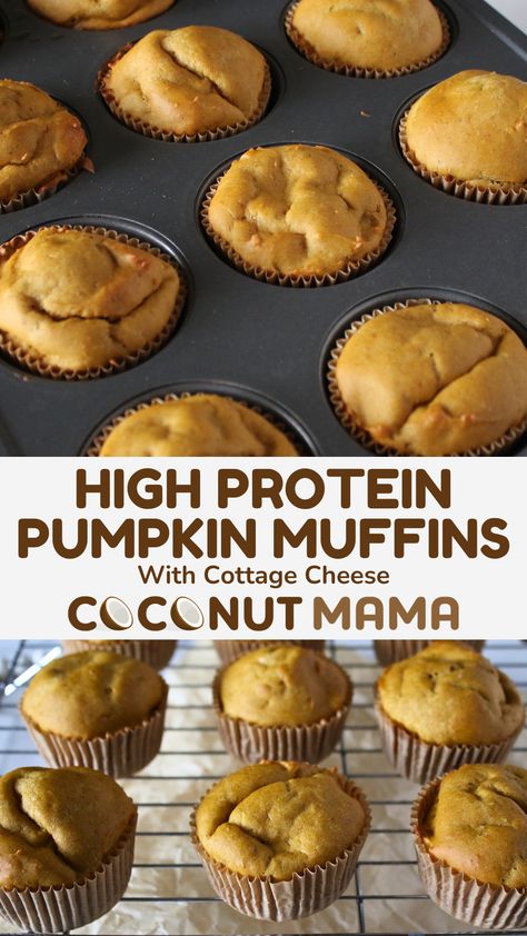 These high-protein pumpkin muffins are moist and decadent. They're easy to make and come together in one bowl, making for easy cleanup! High Protein Pumpkin Muffins, Cottage Cheese Pumpkin Muffins, Muffins With Cottage Cheese, Protein Pumpkin Muffins, Cottage Cheese Muffins, Pumpkin Protein Muffins, High Protein Muffins, Easy Breakfast Options, Bread Buns