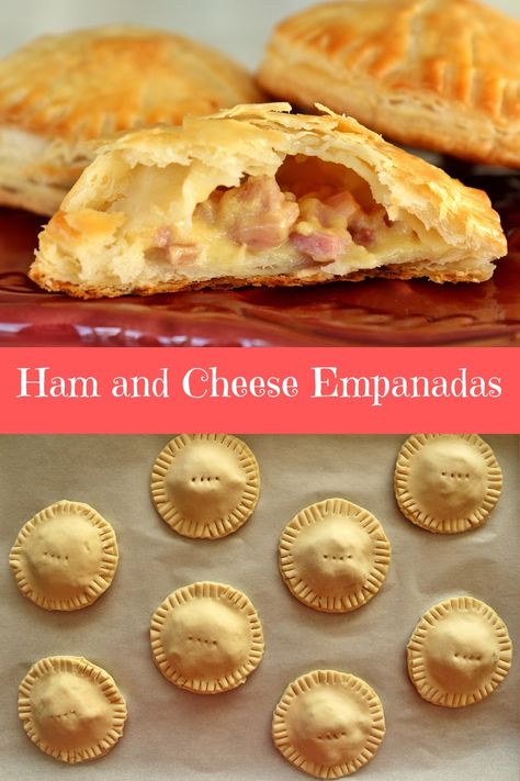 These flaky Ham and Cheese Empanadas feature a deliciously creamy and cheesy filling studded with smoky bites of ham. They are common among various Latin American countries including Cuba, Argentina, and Chile. Ham Hand Pies Recipes, Ham And Cheese Empanadas Recipes, Ham And Cheese Turnovers, Hand Held Lunches, Hand Held Food Ideas, Hand Held Breakfast Ideas, Hand Held Appetizers, Ham And Cheese Hand Pies, Ham And Cheese Pie Recipe