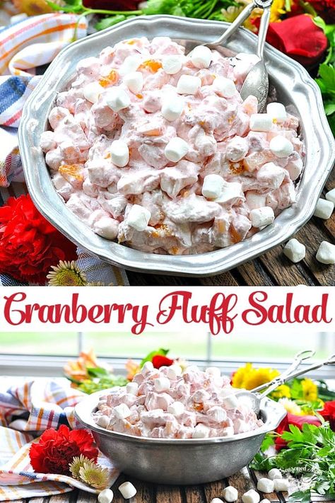 The perfect easy side dish, this Cranberry Fluff Salad combines seasonal fruits, Cool Whip, and festive marshmallows for an 5-minute recipe that your friends and family will love! Cranberry Orange Fluff Salad, Cranberry Fluff Salad Thanksgiving, Cranberry Fluff Salad, Thanksgiving Fruit Salad, Thanksgiving Sidedish, Christmas Fruit Salad, Pineapple Tidbits, Cranberry Fluff, Cranberry Salad Recipes