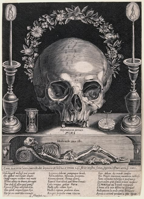 Gerhard Altzenbach, active 1609-1672, German, Vanitas, before 1673.  Engraving: 28.5 x 20.5 cm.  Wellcome Collection, London.  Baroque. Memento Mori Art, Esoteric Art, Momento Mori, Occult Art, Human Skull, A Skull, Gothic Art, Memento Mori, Skull Art