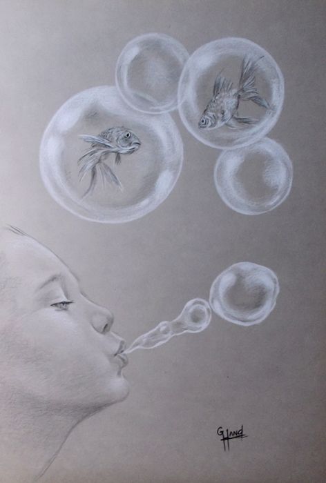 Bubbles by Greg Hand...25"x 17"..Black & White Pencil on Gray Paper. How To Draw Bubbles With Pencil, Drawing Bubbles On White Paper, Gray Paper Drawing, Bubble Sketch, Personalized Sketchbook, Bubble Drawing, Ideas For Drawing, Pencil Portrait Drawing, Gcse Art Sketchbook