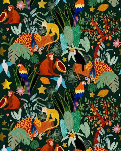 Weiss x Arual ║ Christmas collection on Behance Christmas Log, Nature Projects, Rainforest Animals, Art Tropical, Trendy Wallpaper, Art Et Illustration, Tropical Art, Landscape Illustration, Art And Illustration