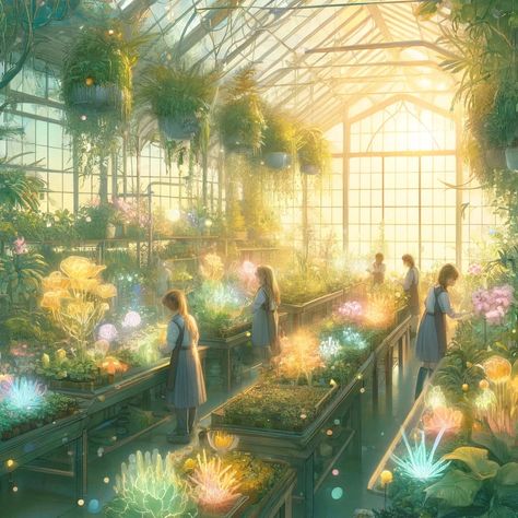 Magical Greenhouse Canvas Greenhouse Fantasy Art, Green House Painting, Fantasy Academy Concept Art, Magical World Aesthetic, Fantasy World Design, Magic Greenhouse, Dnd Strixhaven, Fantasy Greenhouse, Magical Greenhouse