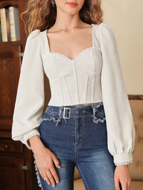 White Puffy Sleeve Top, Intentional Wardrobe, Bustier Blouse, Long Sleeve Corset Top, Puffy Sleeve Top, White Corset Top, Corset Outfit, Modest Tops, Corset Shirt