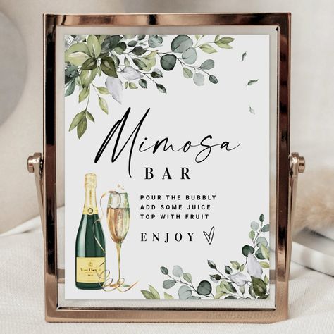 Mimosa Bar Sign Bridal Shower Greenery Themed 8x10 Brunch Poster, Bridal Shower Greenery, Wedding Shower Brunch, Wedding Shower Signs, Green Bridal Showers, Bridal Shower Champagne, Eucalyptus Watercolor, Brunch And Bubbly, Mimosa Bar Sign