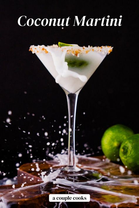 This coconut martini is creamy and dreamy, featuring vodka and lime juice! Add a toasted coconut rim and it's perfection. #coconut #coconutmartini #martinirecipe #easymartini #creamofcoconut #coconutcream #coconutcocktail Martinis With Vodka, Coconut Martini Recipe, Cocktails With Cream Of Coconut, Coconut Cream Drinks Alcohol, Alcoholic Drinks With Cream Of Coconut, Coconut Cocktails, Coconut Martini Recipe Vodka, Coconut Liqueur Drinks, Coconut Creme Cocktails