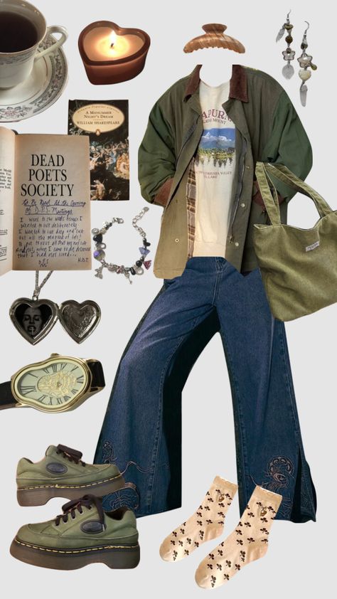 #myfirstshuffle #grunge #collage #moodboard #fairycore #green #fashion #fashioninspo Green Grunge Outfit, Grunge Fairycore Outfits, Doc Martens Aesthetic, Academia Green, Aesthetic Clothes Grunge, Grunge Collage, Autumn Grunge, Fall Outfits Polyvore, Green Jacket Outfit