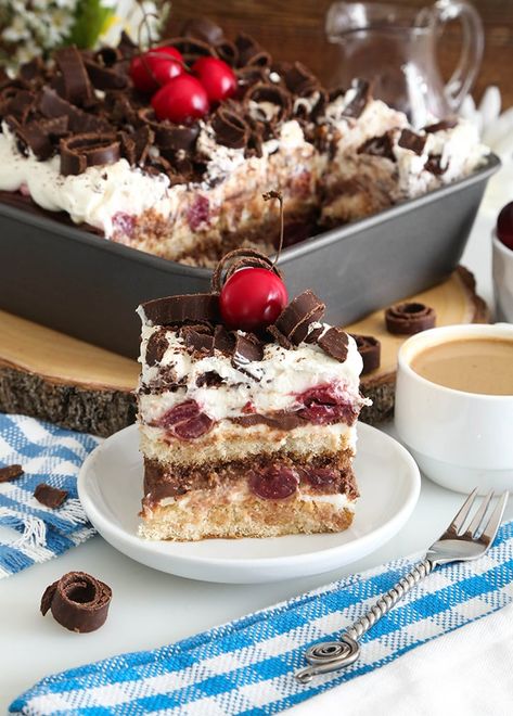 Black Forest Tiramisu - Sprinkle Bakes Forest Desserts, Cherry Tiramisu, Forest Cakes, Tart Cherries, Italian Dessert, Easy To Make Desserts, Sheet Cakes, Delectable Desserts, Creamy Desserts