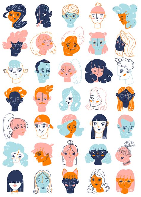 Faces Illustration Simple, Different Styles Of Illustrations, People Illustration Art, Illustration Art People, Brand Character Design, Illustrated Faces, Illustration Faces, Stylized Faces, Faces Illustration