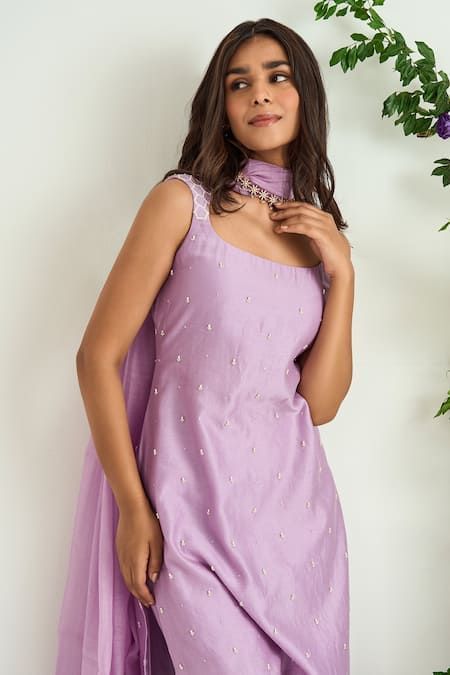 Buy Purple Silk Chanderi Embroidery Pearl Round Kurta Sharara Set For Women by Keosha Online at Aza Fashions. Onam Outfits, Silk Kurti Designs, Stylish Kurtis Design, Kurta Sharara Set, Kurta Sharara, Lehenga Designs Simple, Churidar Designs, Anarkali Dress Pattern, Simple Kurta Designs