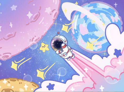 Kawaii Space Art, Cartoon Space Art, Space Cute Art, Space Cute Drawing, Space Cartoon Drawing, Aesthetic Space Pictures, Cute Space Drawings, Cute Space Wallpapers, Cute Spaceship