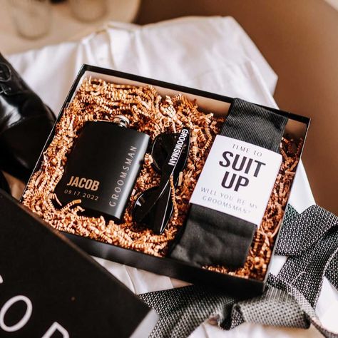 Gift Box For Groomsmen, Groomsman Gift Box Ideas, Entourage Gift Ideas, Groom Box Ideas, Bridesmaid Proposal Box Ideas Black And White, Groomsmen Proposal Destination Wedding, Grooms Box Ideas, Bestman Boxes, Groomsmen Boxes Be My Groomsman