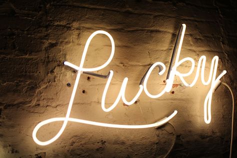 Lucky Neon Installed on White Brick Lucky Neon Sign, Brown Neon Aesthetic, Lucky Aesthetic, Greek Pantheon, Neon Words, Christina Lauren, Neon Aesthetic, Nagito Komaeda, Neon Wallpaper