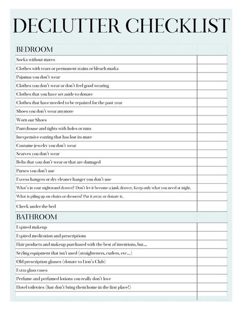 This Declutter Checklist for Bedrooms and Bathrooms is the first of 7 posts helping you jumpstart your decluttering process. This first Declutter Your Home Checklist includes 26 items commonly found in bedrooms and bathrooms that you can most likely discard and won’t miss! At the end of 7 weeks, you will have checklists of more than 150 items that you can toss! Think of it as a Decluttering Scavenger Hunt!If you haven’t joined the Declutter Challenge yet, you can do that here.  Once yo… Bedroom Declutter Checklist, Declutter Bedroom Checklist, Decluttering Bedroom, Bathroom Declutter, Declutter List, Bedroom Declutter, Life Simplified, Halloween Budget, Decluttering Checklist