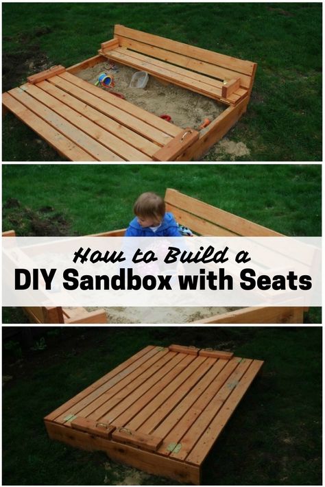 Diy Covered Sandbox Kids, Giant Sandbox Diy, Sand Box Plans How To Build, Diy Sand Box Cover, How To Build A Sand Box For Kids, Diy Sandbox With Canopy, Homemade Sandbox With Lid, Sandbox With Benches, Large Covered Sandbox Ideas