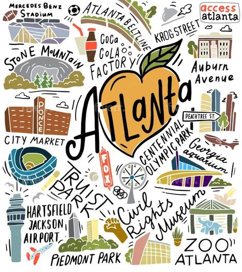 Atlanta Illustration, Sketching Lessons, Piedmont Park Atlanta, Atlanta Beltline, Vector Doodle, Georgia Aquarium, Piedmont Park, Doodle Illustration, Atlanta Georgia