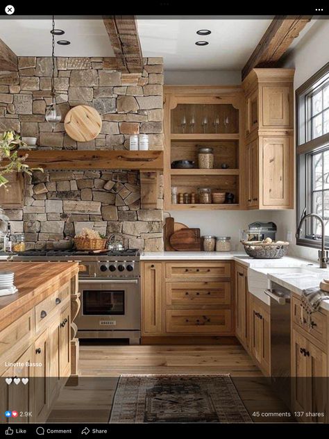 Kitchen Stone Backsplash, Rustic Hickory Kitchen Cabinets, Rustic Hickory Kitchen, Rustic Hickory Cabinets, Kitchen Cabinets And Backsplash, Hickory Kitchen Cabinets, Bathroom Ideas Storage, Kitchen Stone, Hickory Kitchen