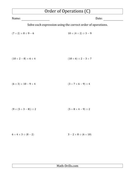 The Order of Operations with Whole Numbers and No Exponents (Four Steps) (C) Math Worksheet from the Order of Operations Worksheets Page at Math-Drills.com. Daycare Worksheets, 10th Grade Math Worksheets, Pemdas Worksheets, 10th Grade Math, Grade 6 Math Worksheets, Math Multiplication Worksheets, Simplifying Algebraic Expressions, Exponent Worksheets, Math Drills