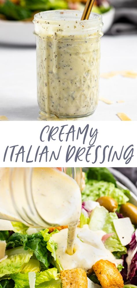 This creamy Italian dressing is a delicious addition to most salads! It's tangy, bright, and loaded with zesty herbs. This creamy Italian dressing recipe requires just a few simple ingredients and tastes so much better than the store-bought stuff! Salad Dressing With Parmesan Cheese, Creamy Salad Dressing Recipes Healthy, Italian Garden Salad, Healthy Creamy Salad Dressing, Creamy Salad Recipes, Creamy Salad Dressing Recipes, Italian Dressing Salad, Creamy Vinaigrette Dressing, Creamy Dressing Recipe