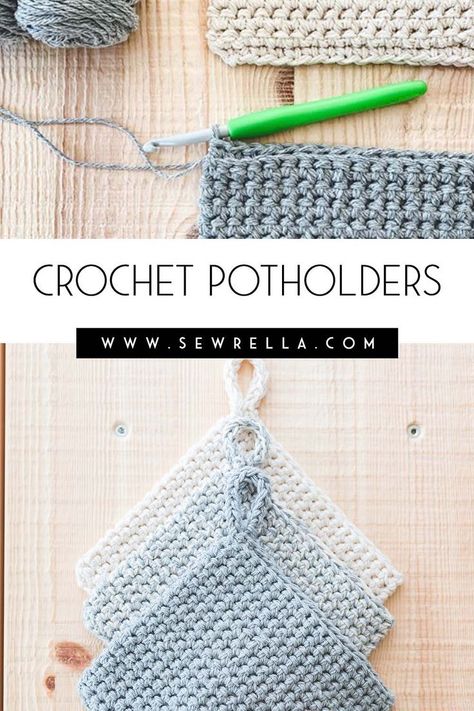 The most versatile, necessary kitchen pattern to add to your library. A simple textured crochet stitch makes these potholders thick and durable – with a simpler version of an I-cord loop for hanging within reach. Use this free and easy pattern to gift alongside cookbooks and utensils! #freepattern #crochet #potholders #kitchen Loops & Threads Patterns, Crocheted Pot Holders Free Pattern, Free Easy Crochet Patterns For Beginners, Crochet Pot Holders, Crochet Washcloths, Thick Crochet, Kitchen Pattern, Crochet Pot Holders Free Pattern, Kitchen Crochet