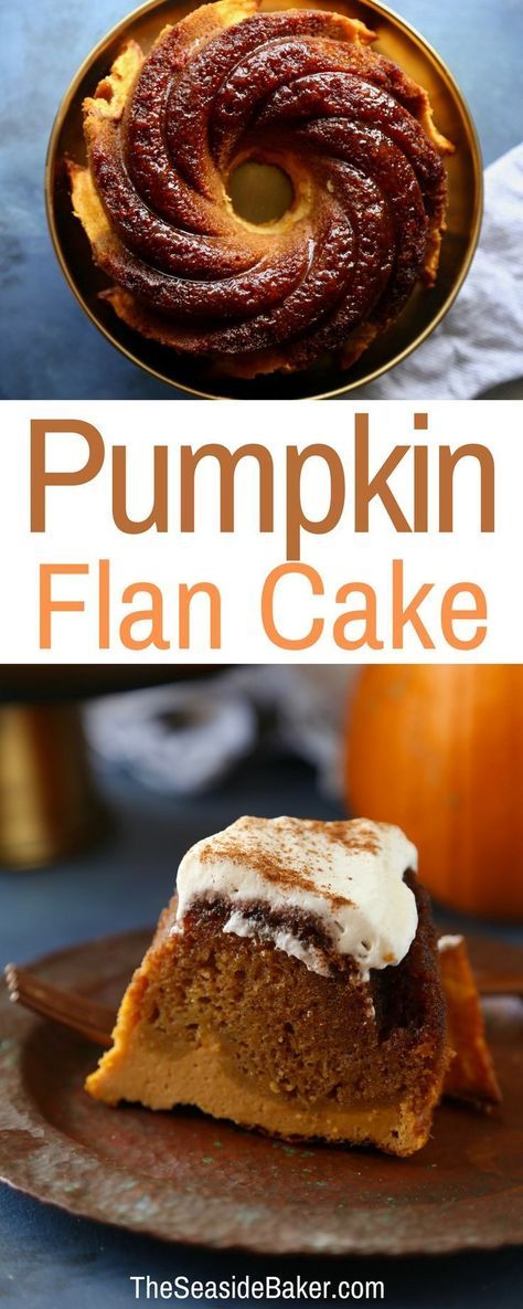 The perfect fall dessert! | This Pumpkin Flan Cake boasts a moist pumpkin cake and a custardy pumpkin spiced flan topped with caramel cooked sugar - two desserts in one! | #pumpkinrecipes #flan #pumpkincake | See this and other delicious recipes at TheSeasideBaker.com Pumpkin Flan Cake Recipe, Custard Flan, Moist Pumpkin Cake, Pumpkin Flan, Flan Dessert, Flan Cake, Pumpkin Custard, Pumpkin Cake Recipes, Flan Recipe