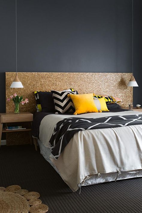 bedroom dark wall chipboard bedhead Maxa Design yellow Interior Design Color Schemes, Design Ložnic, Head Boards, Interior Design Color, Perfect Bedroom, Design Del Prodotto, Black Walls, Design Case, Bedroom Colors