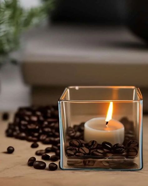 I love being able to freshen indoor air naturally.  Check out this easy coffee bean air freshener you can make by placing a candle in coffee beans. Coffee Bean Center Piece Table Display, Coffee Beans Decoration, Coffee Candle Diy, Coffee Bean Decor Centerpieces, Coffee Bean Decor, Coffee Bean Candle Holder, Diy Coffee Candle, Brazil Coffee, Coffee Beans Candle