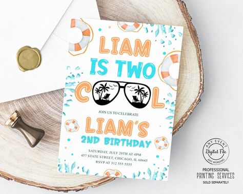 Summer Theme 2nd Birthday Party, Two Cool For School Birthday Party, Water Themed 2nd Birthday Party, Two Cool Invitation, Two Cool Birthday Party Boy Summer, Two Cool Pool Party, 2nd Birthday Pool Party For Boys, 2nd Birthday Boy Themes Summer, Twobular Birthday Party