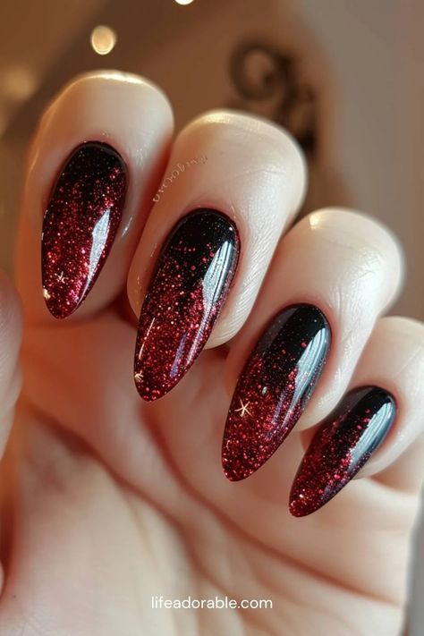 36+ summer nails 2024 nail art inspirations – lifeadorable Red And Black Nails Sparkle, New Years Nail Designs Red, Burgundy And Black Nails Acrylic, Ombre Nails Inspiration, Black And Red Glitter Nails, Red And Black Nails Design Classy, Samhain Nails, Red Nails 2024, Dark Red Ombre Nails