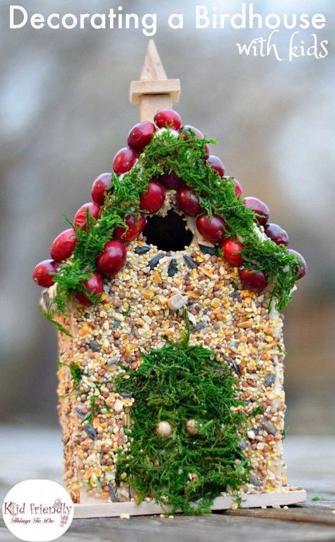 Decorating Birdhouses with kids is fun and easy to do. I have a simple DIY birdseed glue recipe to share with you. Great craft for winter, and fairy parties. Great gift for Mother's Day, Father's Day and Christmas! www.kidfriendlythingstodo.com #simplebirdhouse Bird Seed Crafts, Edible Birdhouse, Glue Recipe, Seed Craft, Bird Seed Ornaments, Snow Play, Fun Winter Crafts, Beautiful Birdhouses, Bird Treats