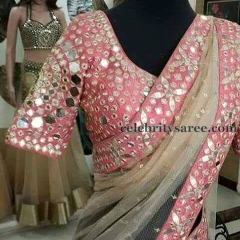 Elbow Length Mirror Work Blouse | Saree Blouse Patterns Saree With Mirror Work, Mirror Work Lehenga, Indian Celebrity, Mirror Work Blouse, Choli Blouse, Bridal Lehenga Collection, Indian Saree Blouse, Saree Blouse Patterns, Blouse Designs Indian