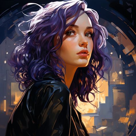 Short Hair Dnd Character, Purple Hair Character Art, Purple Hair Characters Halloween, Purple Hair Girl Art, Purple Hair Character Design, Purple Haired Witch, Purple Hair Green Eyes, Purple Hair Character, Woman With Purple Hair