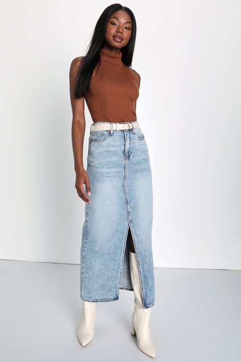 Spring Casual Outfits 2024, College Summer Outfit, Capsule 2023, Jean Maxi Skirt, Jean Skirt Fashion, Curvy Summer Outfits, Maxi Skirt Blue, Denim Culottes, Summer Outfits Curvy