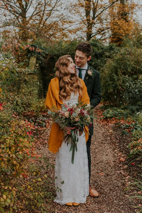 Simple & Unconventional Autumn Wedding in Mustard & Burgundy | Whimsical Wonderland Weddings Autumn Elopement Inspiration, Autumn Micro Wedding, Fall Wedding Photoshoot Ideas, Autumn Bride Dress, Fall Wedding Portraits, Late Autumn Wedding, Autumn Wedding Photoshoot, Autumn Wedding Pictures, Autumn Wedding Aesthetic