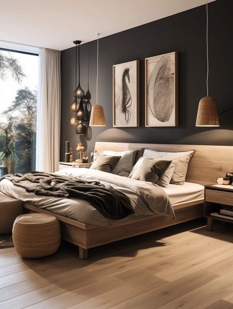 Mens Black Bedroom – Nymphs Japanese Bedroom Design, Beautiful Bed Designs, Dark Neutrals, Dream Bedrooms, Masculine Bedroom, Primary Suite, Primary Bathroom, Black Bedroom, Bedroom Style