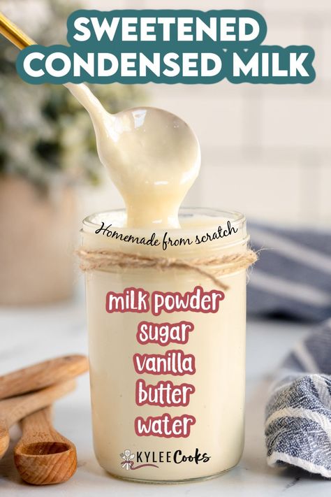 This homemade sweetened condensed milk recipe is creamy, sweet and perfect for use in recipes or stirring into coffee. A pantry staple made from scratch in just 5 minutes using just a few simple ingredients. Sweetened Condensed Milk Homemade, Make Your Own Sweetened Condensed Milk, Homemade Sweetened Condensed Milk Recipe With Powdered Milk, Sweetened Condensed Milk Uses, Sweeten Condensed Milk Recipe, Home Made Condensed Milk Recipes, Recipes Using Powdered Milk, Dry Milk Powder Recipes, Powder Milk Recipes