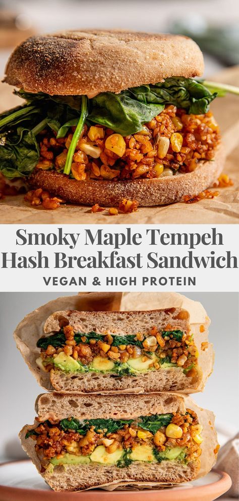 High protein breakfast sandwiches loaded with a smoky maple tempeh hash. Prep ahead for an easy grab and go meal to start your day. Tempeh Breakfast Recipes, High Protein Vegan Breakfast, High Protein Vegan Recipes, 30 Minute Meals Easy, High Protein Meal Prep, Quick And Easy Soup, High Protein Vegan, High Protein Breakfast, Vegan Kitchen