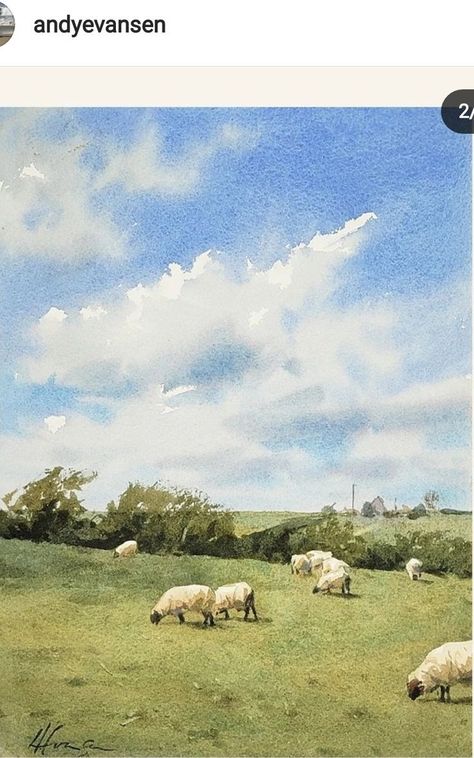 Watercolor Loose Landscape, Watercolor Farm Landscape, Farm Watercolor Paintings, Watercolor Sheep, Farm Scene Painting, Watercolor Field, Watercolor Farm, Watercolor Art Landscape, Farm Paintings