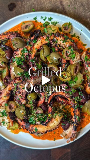 Rocco Gizzo on Instagram: "Fork Tender Grilled Octopus | I’m not lying when I say this octopus is fork tender… if you don’t believe me, watch the video to find out!  🐙Octopus🐙 -1 Whole Octopus (2-3lbs)  -Parsley Stems -1 lemon -Small palmful black pepper  🫒Vinaigrette🫒 -2tbsp EVOO -1/2 lemon, juiced -1 tbsp oregano  -1/4 tsp red pepper flakes  -Splash red wine vinegar  -Parsley -Salt  🫑 Romesco 🫑 -1 jar roasted red peppers -Handful fresh parsley  -1/4 cup cherry peppers -1/4 cup almonds, toasted -2 garlic cloves, smashed -2 tbsp red wine vinegar -1 tsp smoked paprika  -1/4 tsp red pepper flakes, -Salt, to taste -1/4 to 1/3 cup EVOO  Add all the romesco ingredients to a blender, and blend until emulsified. Then set aside in the fridge.   Remove the beak and eyes from the octopus and r Grilled Octopus Salad, Baked Octopus Recipes, Octopus Marinade Recipe, Whole Octopus Recipes, Octopus Recipes Grilled, Octopus Appetizer, Italian Octopus, Octopus Dishes, Grilled Octopus Recipe