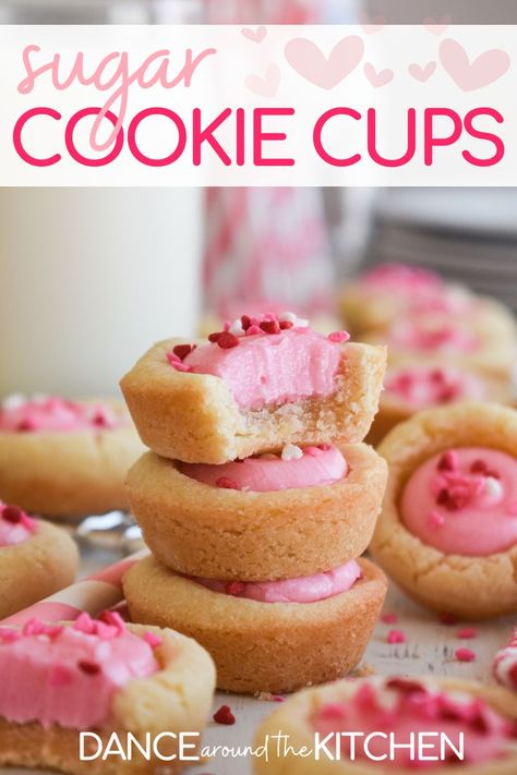 sugar cookie cups stacked on a white plate Valentine Cookie Cups, Mini Cookie Cups, Valentine's Day Food, Sugar Cookie Cups, Cookie Cups Recipe, Valentine Sugar Cookies, Valentines Baking, Bakery Items, Chewy Sugar Cookies