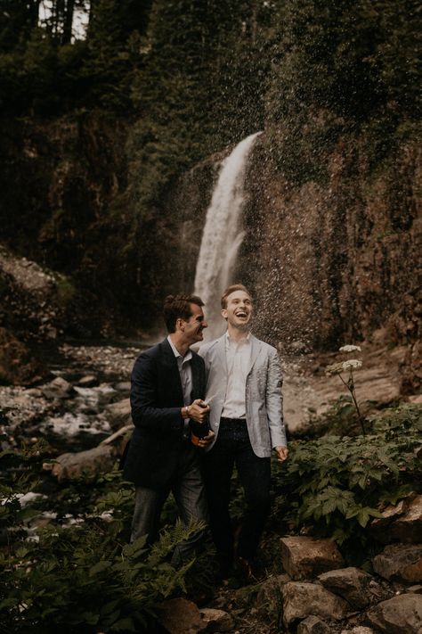 Spencer and Ivan explored the beauty of Washington for their engagement photos. Being a gay person myself, I know how hard it is to fully put your trust in someone to document you for you who are. I know how hard it is for LGBTQ couples to express love publicly. Therefore, this blog post is not only to share these guys' love story but also my approach to photography to create an environment where my couples can be their authentic selves for beautiful photos | Henry Tieu Photography Mountain And Waterfall, Hiking Engagement Photos, Waterfall Engagement, Seattle Engagement Photos, Washington Mountains, Adventure Engagement Photos, Water Fall, Epic Photos, Lgbtq Wedding