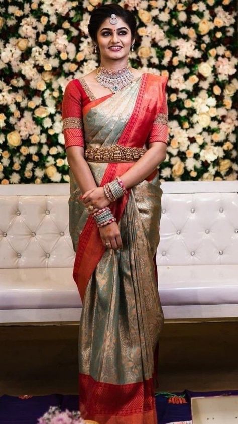 Elegant Wedding Saree, Kancheepuram Saree, Kanchipuram Silk Saree Wedding, Engagement Sarees, Saree Inspiration, Reception Sarees, South Indian Wedding Saree, South Indian Bride Saree, Engagement Saree