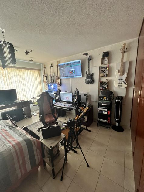 23 Home Studio Bedroom Setups Bedroom Studio Music, Home Studio Setup Music, Home Studio Music Room, Home Studio Bedroom, Music Studio Room Design, Music Studio Bedroom, Bedroom Music Studio, Studio Room Ideas, Studio Music Room