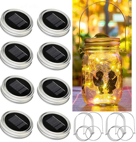 PRICES MAY VARY. ♥UPDATED Mason Jar Lid Lights(30 LEDs)(Jars Not Included) , Fits for most regular mouth mason canning jars,Lid Diameter Size: 2.76 inch(70mm)/Insert 2.17 inch(55mm). ♥CONVENIENT USE- just put them in the outdoor direct sunlight, automatically turn on/off, the light will be on in the dark, and the daylight will turn off automatically.The edge of the lid uses rustproof material instead of cheap alloy, you would find it more durable in humid weather. ♥Environmental Protection and E Fairy Lights Mason Jar, Mason Jar Solar Lights, Fairy Lights In A Jar, Fireflies In A Jar, Mason Jar Lights, Solar Mason Jars, Led Fairy String Lights, Outdoor Fairy Lights, Firefly Lights