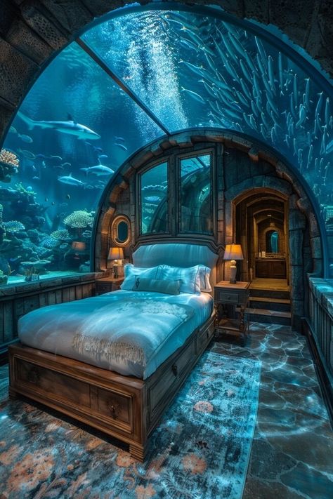 Underwater Facility, Underwater Theme Bedroom, Airship Interior, Underwater Homes, Underwater Hotel Room, Underwater Bedroom, Underwater Room, Bioshock Rapture, Dream House Mansions